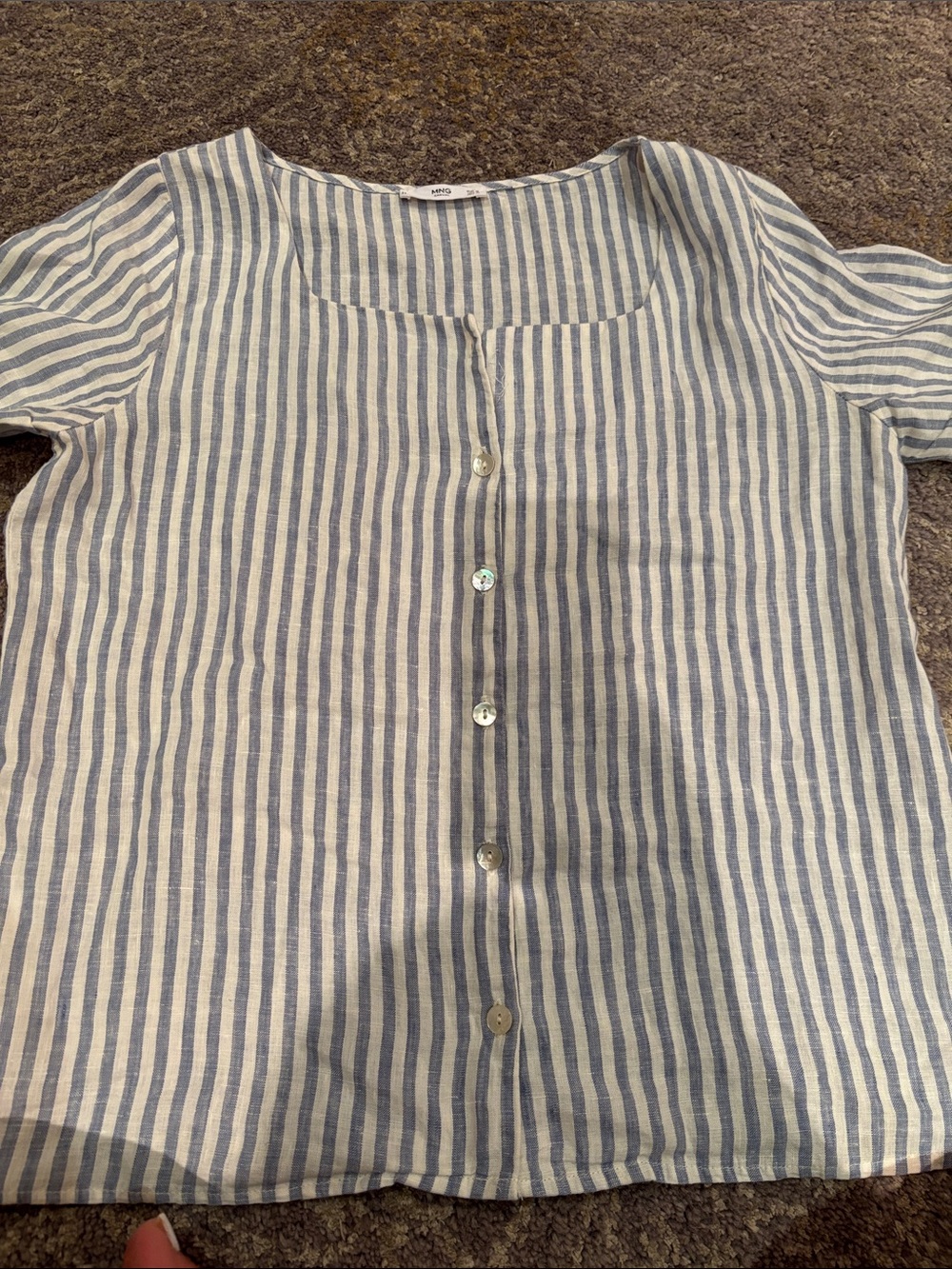 Mango Blue and White Vertical Stripe Linen Top Square Neckline